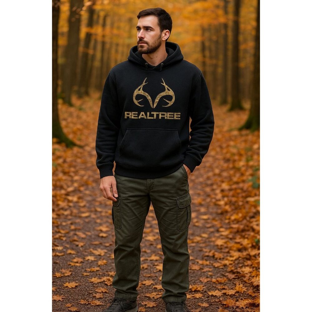 Realtree Boston Traders Mens Black Hoodie Fleece XL Logo Rustic Outdoor Hunting